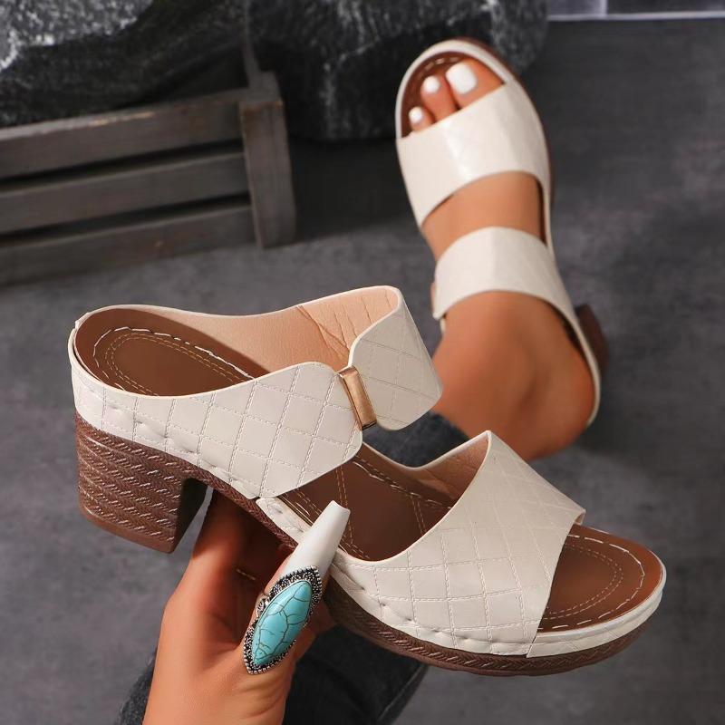 Fashion Summer New High Heel Slippers for Women's Fashion Solid Color Round Toe Leisure Sandals Plus Size 43 Chunky Heel Beach Sandals