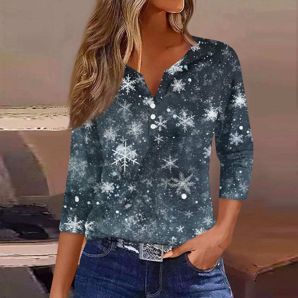 Жен. Футболка Футболка С принтом Пуговицы Рукав 3/4 Повседневные Выходные Мода Классический Классический V-образный вырез Обычный Верх