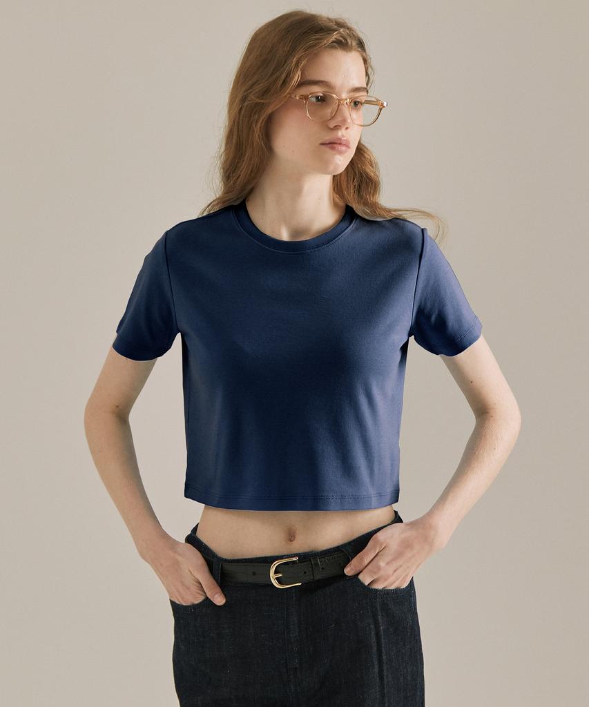 BASIC HOUSE Women'S Round Cropped Short Sleeve T-Shirt Navy Lats0202
