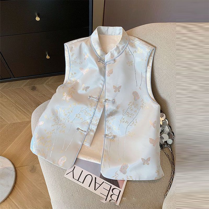 Jacquard Disc Buckle Stand-up Collar Vest Women's New High-end Vest Shoulder Vest