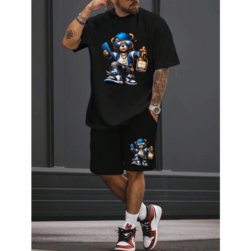 3D Cartoon Teddy Bear Print Men's T-shirt Shorts Set, Summer Casual Everyday Men's Short-sleeved Outdoor Street Men's Shorts