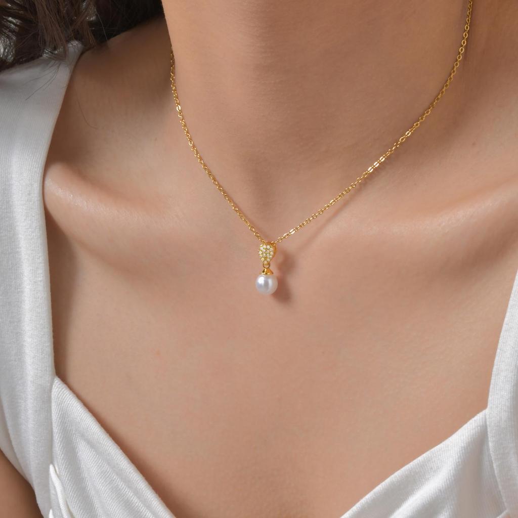 Copper Water Drop Zircon Imitation Pearl Pendant Necklace for Woman, Dainty Luxury Stainless Steel Jewelry for Girlfriend Gift