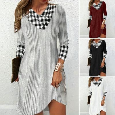 Женское осенне-зимнее платье с V-образным вырезом и клетчатым принтом, подходящее по цвету, свободное, с длинным рукавом, в лоскутном стиле, в полоску, мягкое теплое женское мини-платье длиной выше колена
