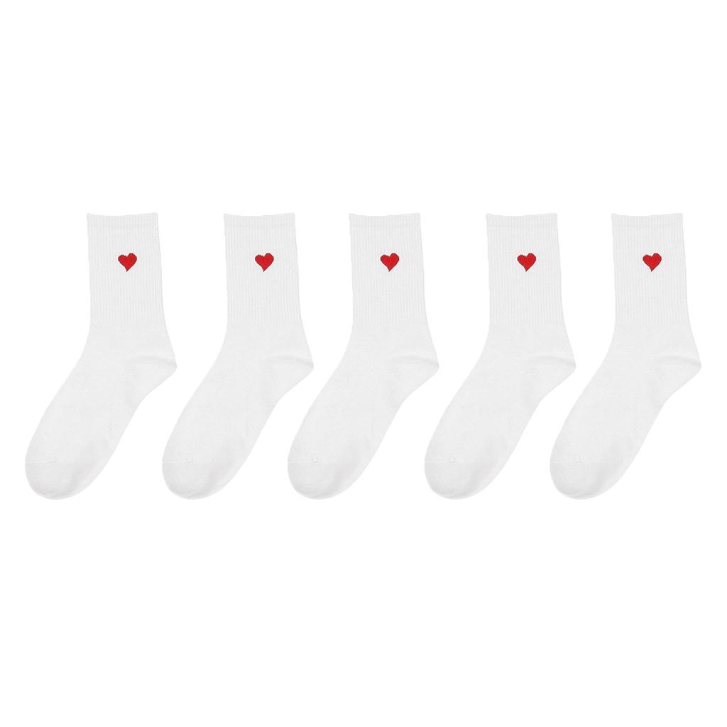 3/5/10/20 Pairs of Women's Crew Socks, White, Heart Pattern, Comfortable, Breathable, Moisture-Wicking
