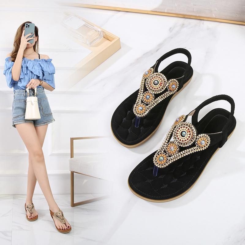 Летние босоножки 2025 года в стиле бохо, простые повседневные босоножки на плоской подошве, удобные босоножки со стразами