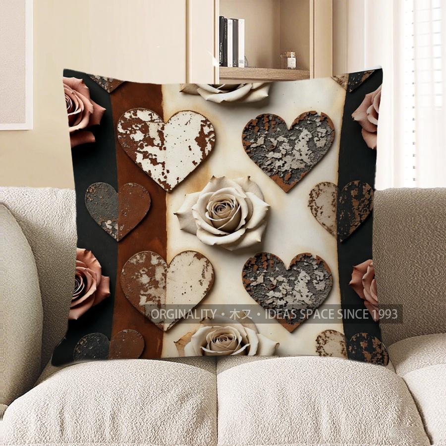 2D Heart & Rose Patterned Digital Print Pillow Covers Pattern Cushion Cover Suitable For Sofa Bedroom Car Pillow Cover