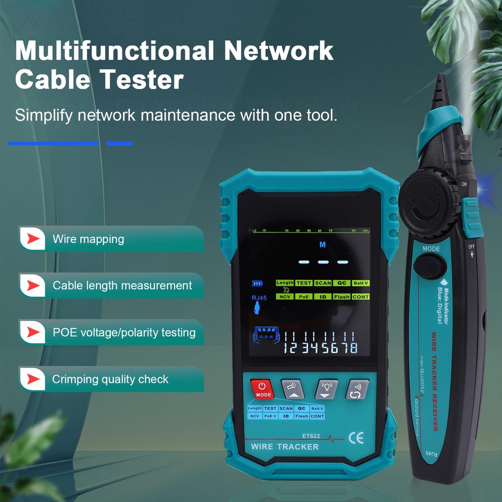 Network Cable Tester with POE Voltage Detection, Wire Tracker, RJ45 Length Measurement (400m), Cable Continuity Test,