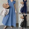 Повседневное джинсовое платье больших размеров, женское летнее богемное свободное платье большого размера с v-образным вырезом, офисные женские элегантные винтажные платья с рюшами 24160