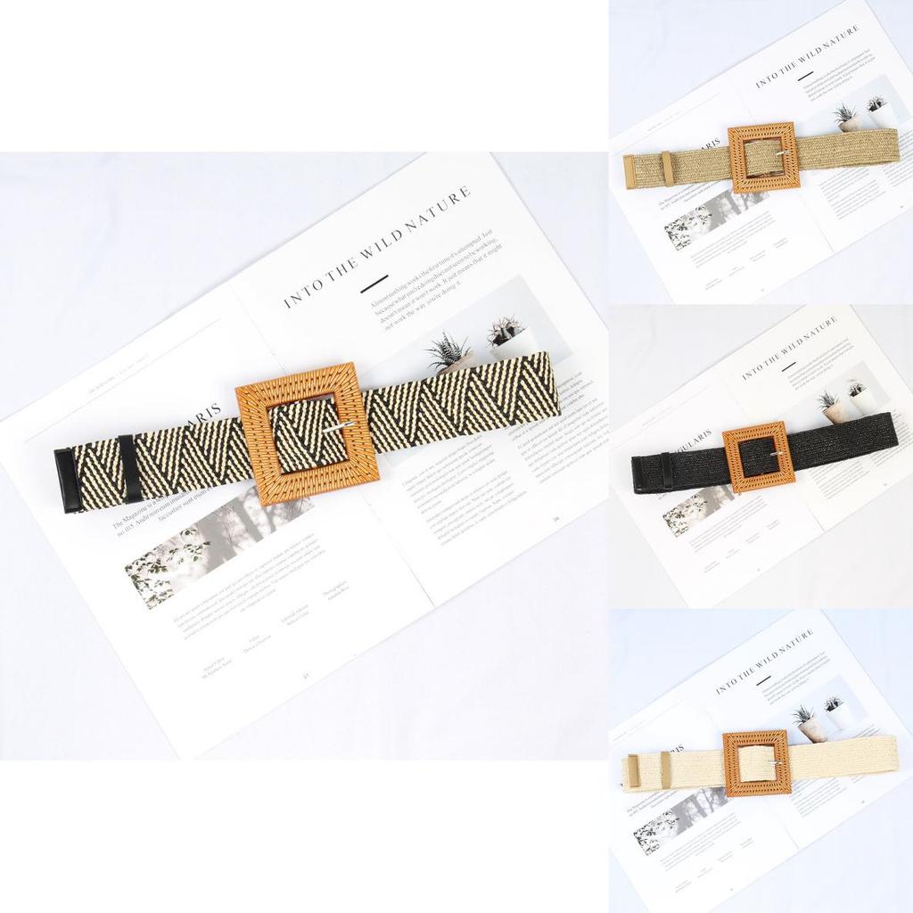 Womens Woven Cotton Linen Waist Belt With Large Round Buckle For Summer Beach Outfits