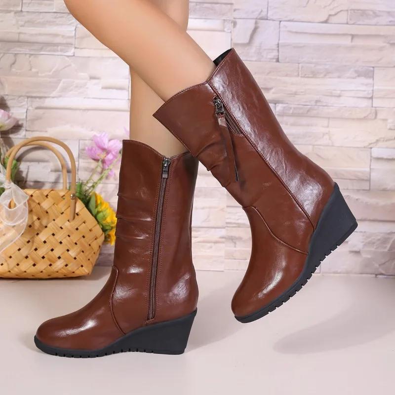 Женская обувь 2024 года, горячая распродажа, женские сапоги с боковой молнией, модные, круглые, современные сапоги, женские зимние сапоги больших размеров на танкетке до середины икры