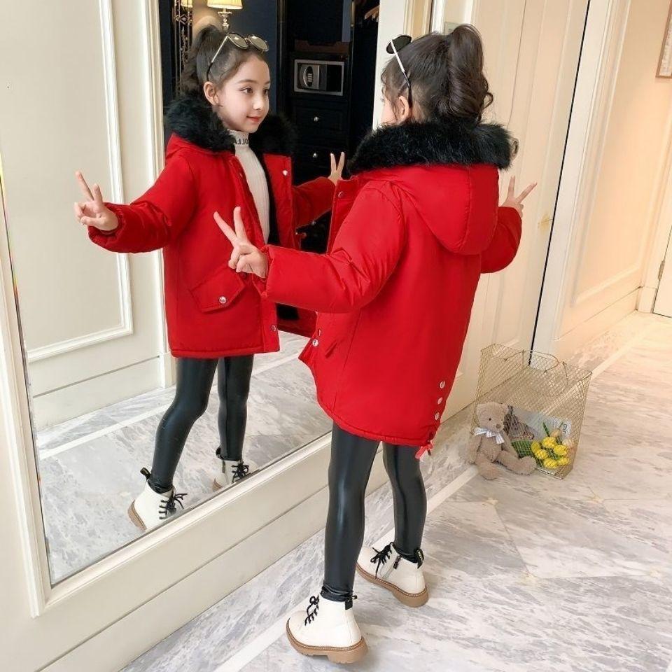 Winter Girls Jacket Fur Collar Lining with Velvet Hooded Thick Coat for Kids Children Children's Outerwear Big Size Teen-agers