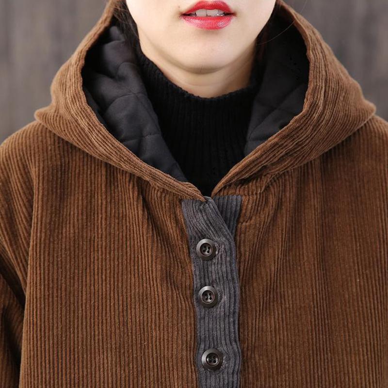 Fashion Long Corduroy Jacket Pocket Hooded Padded Women Autumn Winter Parkas Casual Coat