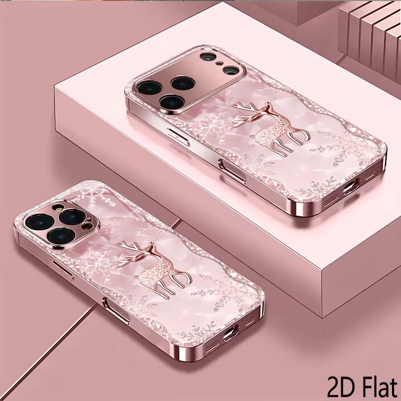 Розовое золото Олень Снежинка 2D Плоский Для iPhone 17 18 16 15 14 13 12 11 Pro Max XS XR 8 7 Plus Чехол для телефона Ударопрочный Защитная задняя крышка