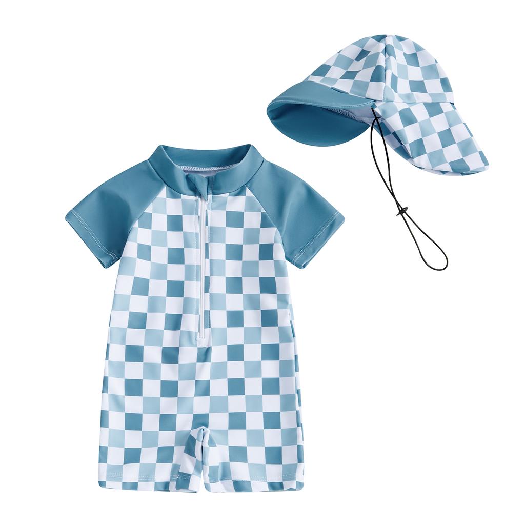 Boys Girls Short Sleeve Swimwear Casual Plaid Print Zipper Rash Guard Swimsuit and Hat Beachwear Bathing Suit