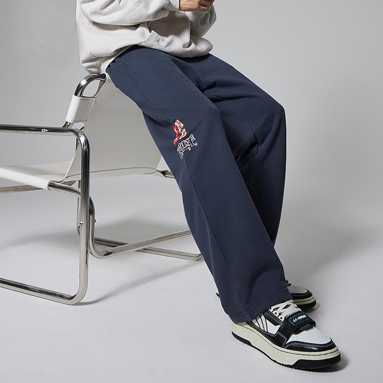Спортивные брюки прямого покроя с логотипом Li Ning с высокой талией, мужские брюки темно-индиго цвета AKLSF27-1