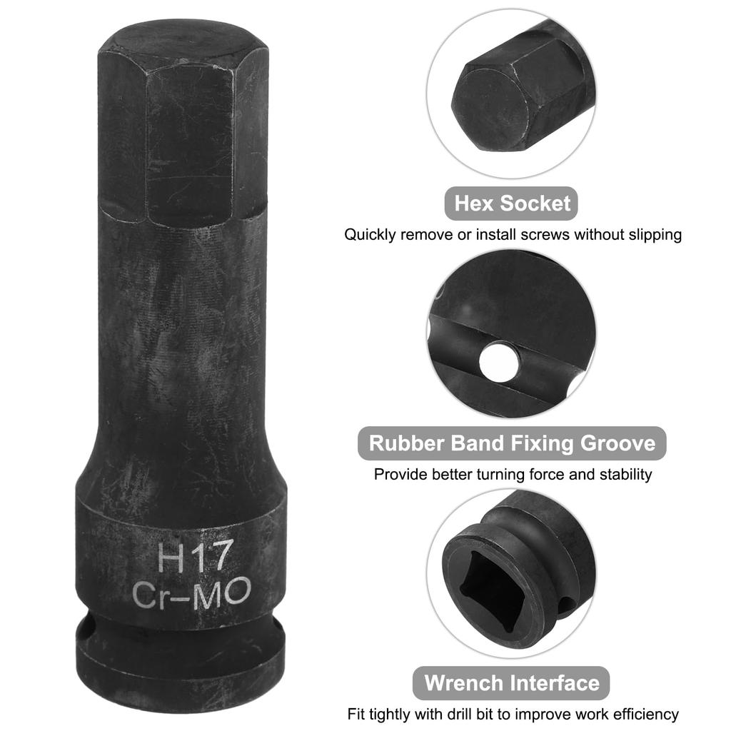 Uxcell H17 Hex Impact Bit Drive Hex Long Screwdriver Socket Adapter for Electric Ratchet Wrenches 2-Piece (17mm) Socket, 1/2" Socket, CR-MO Steel,