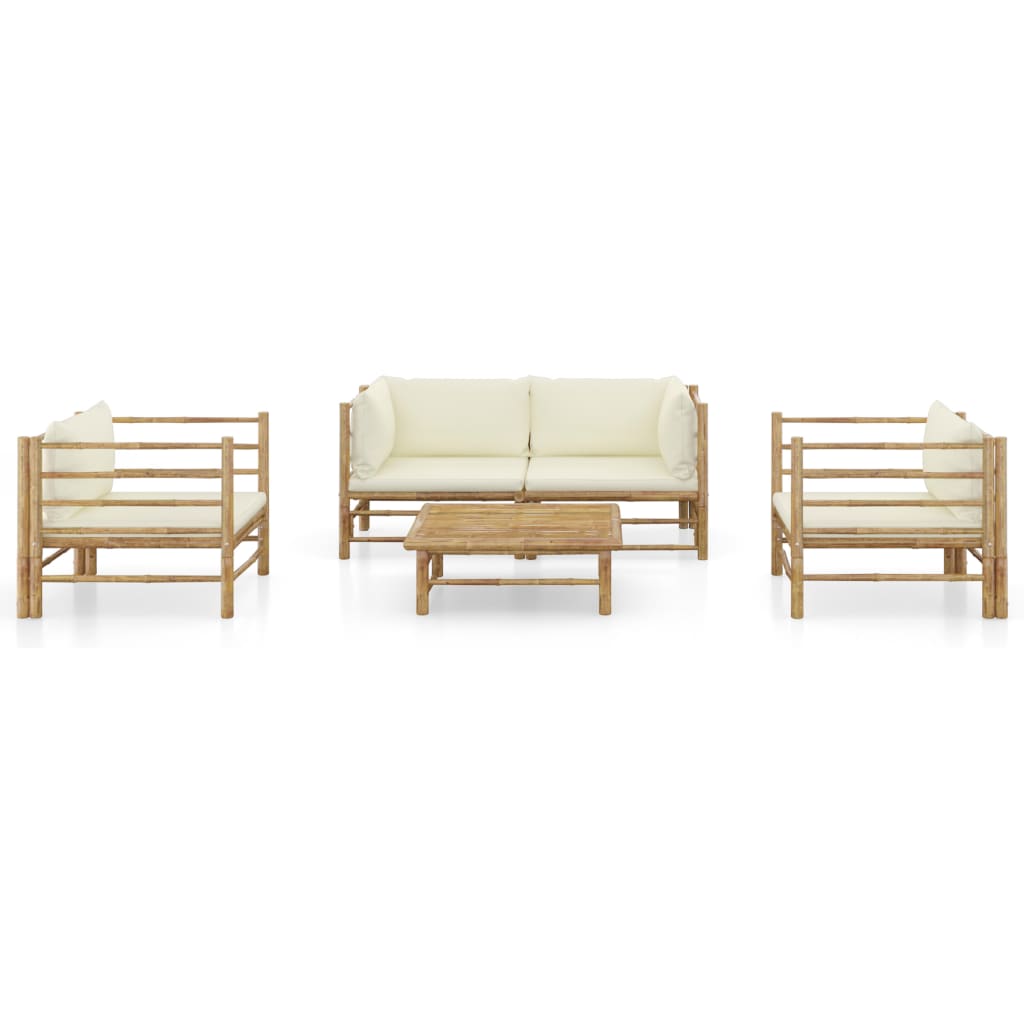 5 Piece Garden Lounge Set with Cream Colored Cushions Bamboo