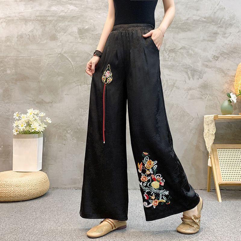 Весна и лето Новые женские широкие брюки в китайском этническом стиле с вышитыми цветами, повседневные свободные брюки