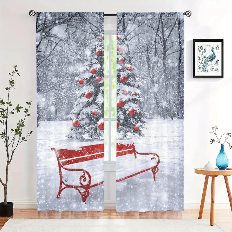 2 шт., красные шторы для табурета с изображением рождественской елки, зимнего снега, -30% затемнения - подходят для гостиной, спальни, домашнего декора