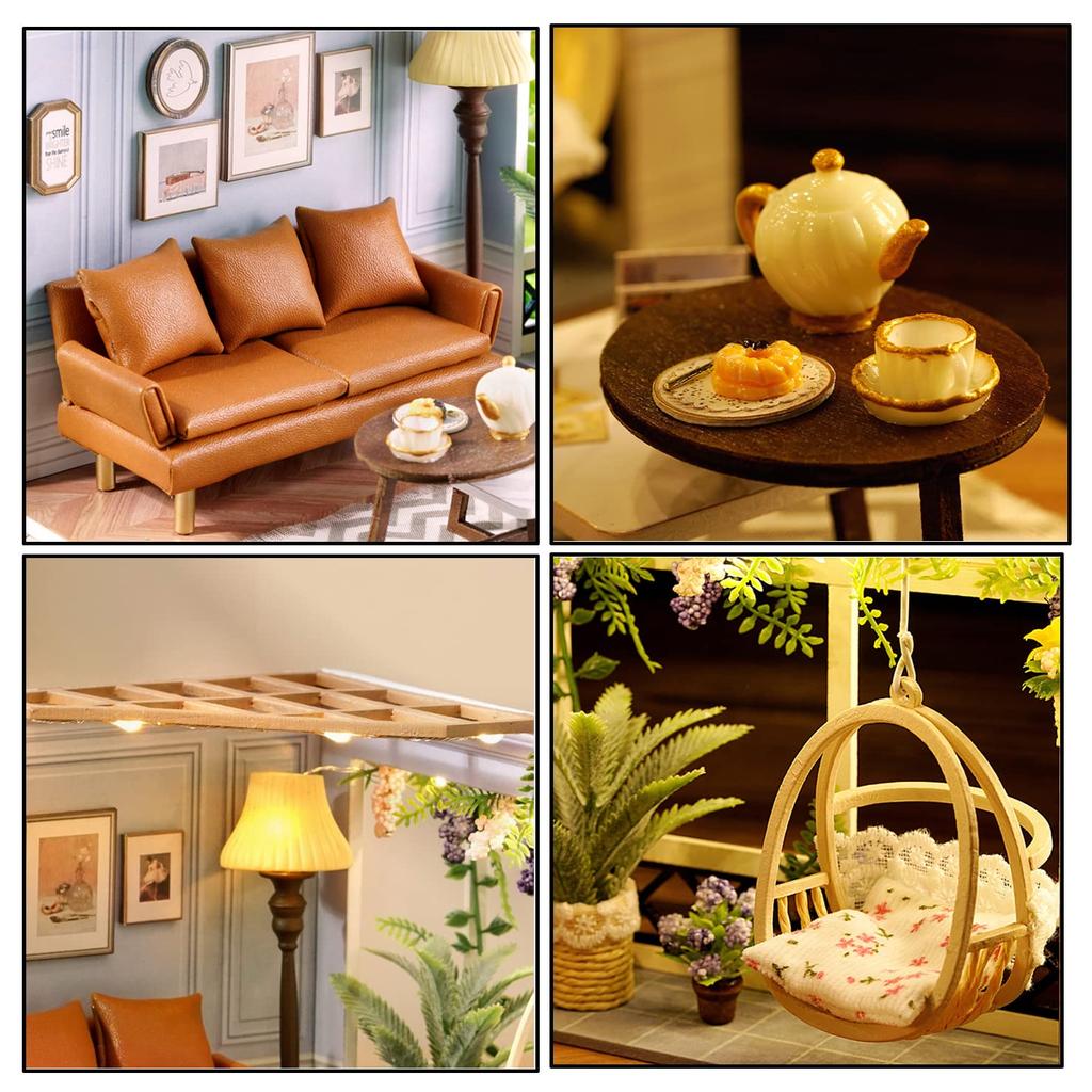 CUTEROOM Miniature Dollhouse Kit with Dustproof Cover and LED Light DIY House Wooden Dollhouse Kit for Teens Creative Gift for Craft Lovers Furniture,