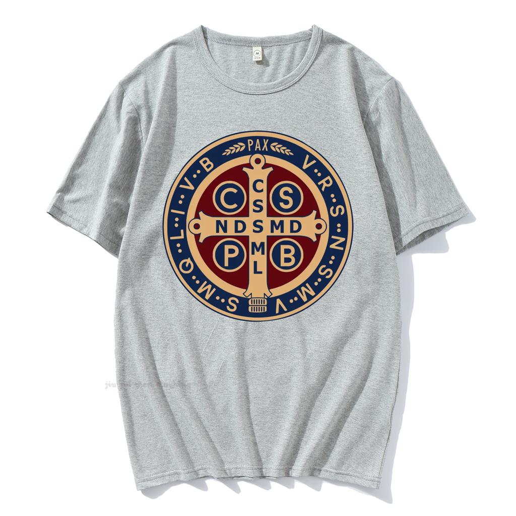 Футболка-пуловер с изображением католической медали Святого Бенедикта, мужская и женская повседневная хлопковая футболка с принтом, винтажная футболка Harajuku Oversize