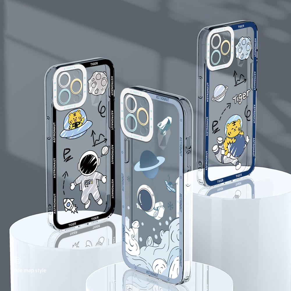 Shockproof Cartoon Astronaut Crystal Case Full Cover Camera Protection Transparent Soft Phone Casing for Huawei Honor iPhone Infinix Tecno