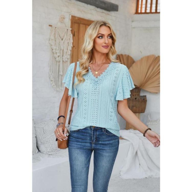 New Fashion Women's Lace V-neck Loose T-shirt Solid Color Ruffled Sleeves Spring Summer