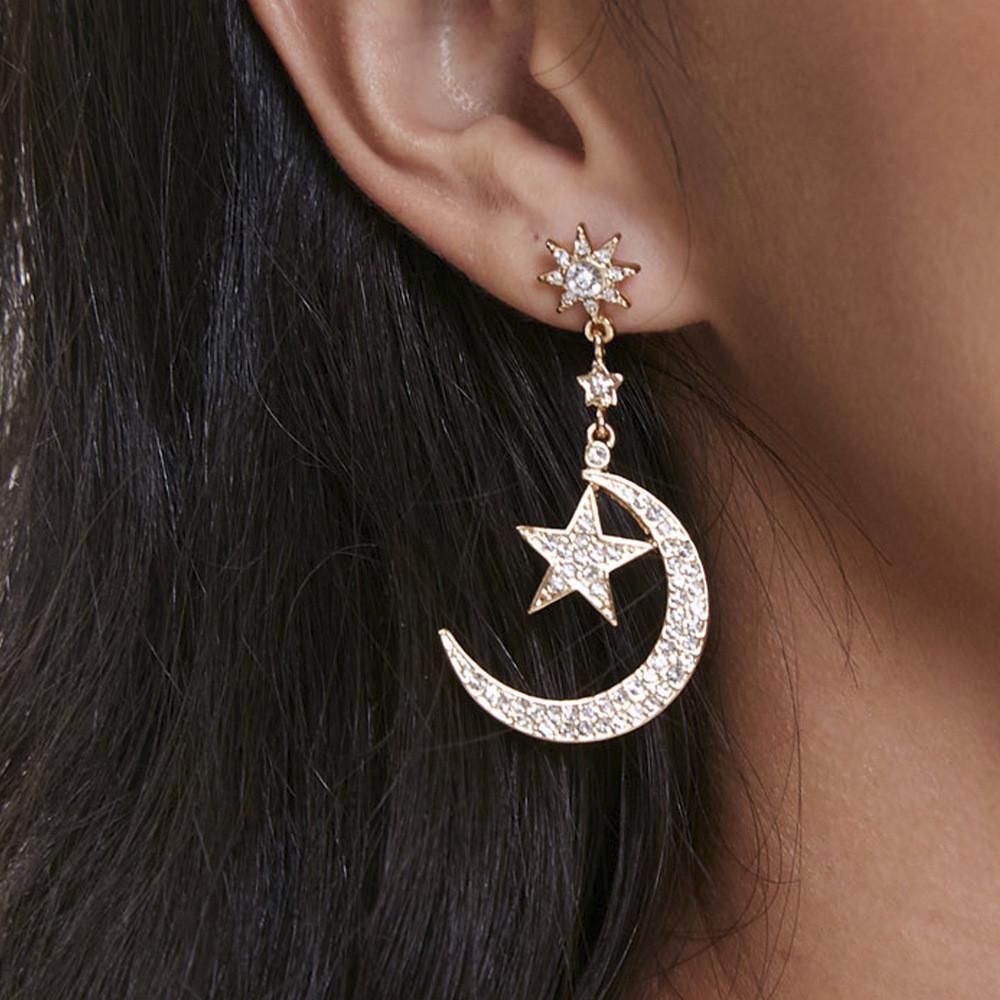 Trendy Gold Alloy Star Moon Earrings Sparkling Fashion Dangle Earrings For Women