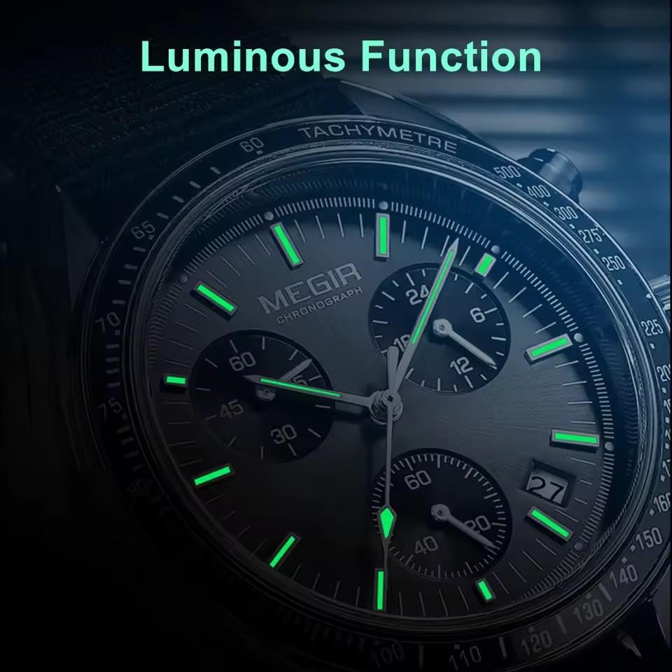 MEGIR 2247 Sport New Black Watch Chronograph Casual Life Weaving Strap Quartz Waterproof Wristwatch for Male