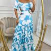 Women Off Shoulder Floral Print Short Sleeve Cut Out Maxi Dress Summer Bohemian Dress