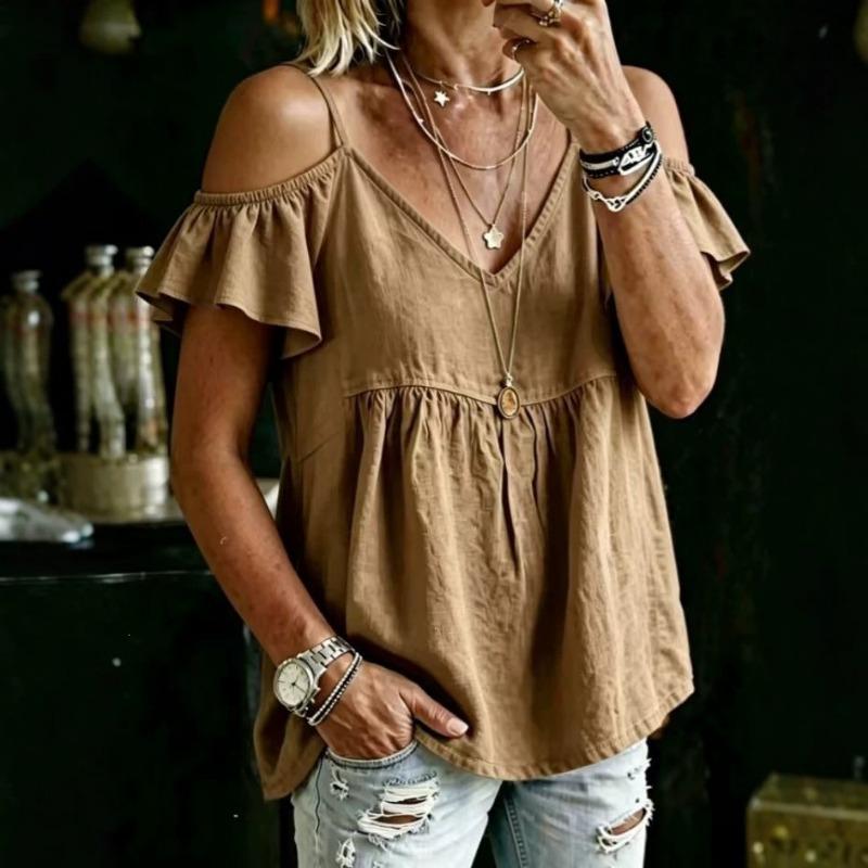 Women Casual Loose Off Shoulder V Neck Ruffle Short Sleeve T Shirt