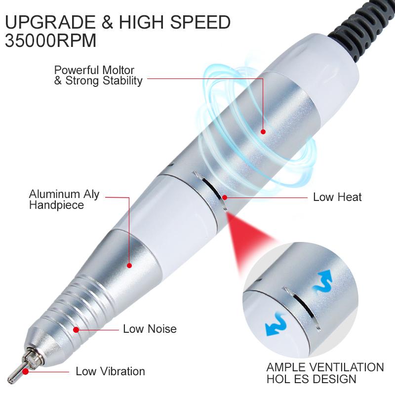 Pro Electric Nail Drill Machine 35000RPM Stainless Steel Handle Electric Manicure Drill Nail Drill Bit & Accessory Nail Art Tool