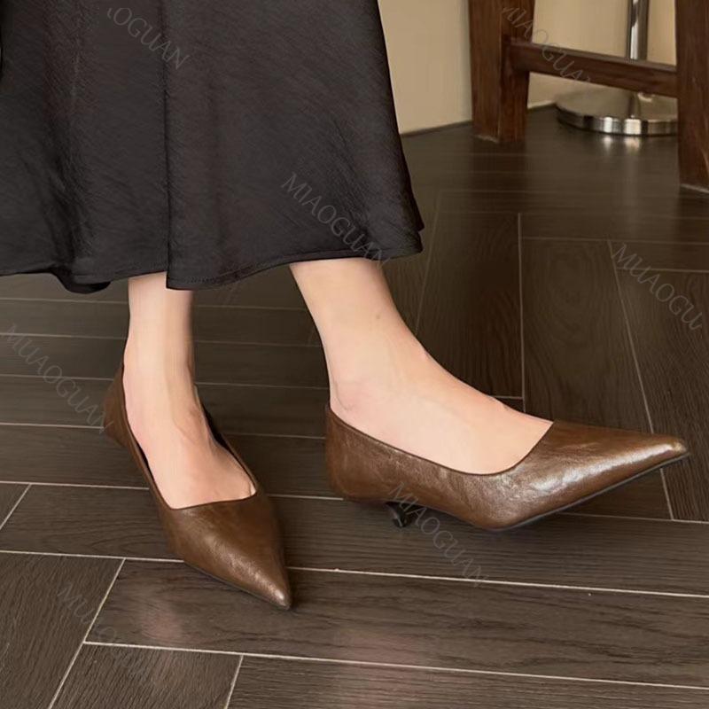 Fashion Temperament Woman Pumps Pointed Toe Thin Low Heels Elegant Party Female Shoes Solid Color Fashion Soft Leather Heels for Women