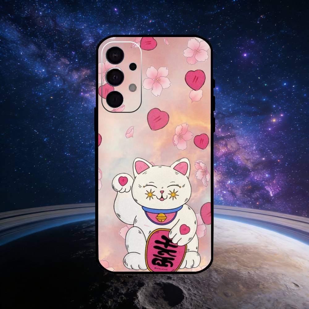 Cute Lucky Maneki Neko Cat Phone Case For Samsung S25,S24,S23,S22,S21,S20,Ultra,Plus,FE Black Soft Cover