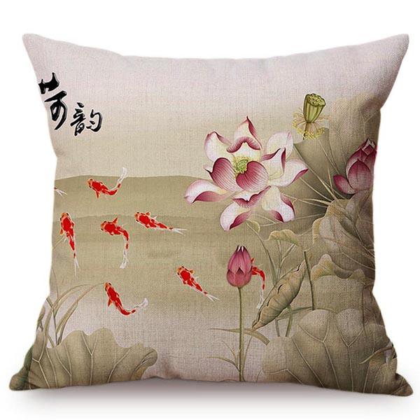 Chinese Style Vintage Ink Painting Lotus Pattern Throw Pillow Cover Classical Luxury Cushion Cover Sofa Decoration Pillowcase