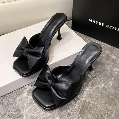 Мода 2024 года, лето, новая мода, квадратная верхняя одежда с открытым носком, женские большие тапочки, удобные туфли с бантом на высоком каблуке для женщин