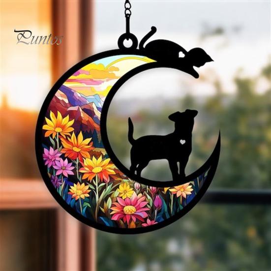 Hanging Ornament Colourful Cat/Dog On The Moon Design with Hanging Hole Vibrant Color Window Hanging Memorial Pendant Home Decoration
