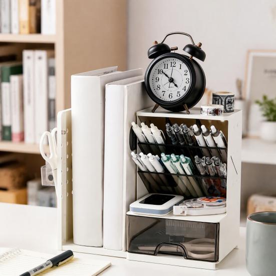 Adjustable Side Hook Board Pen Organizer with Retractable Bookends And Pegboard, Multi-Functional Angled Makeup Desk Holder Brush Holder, Compact