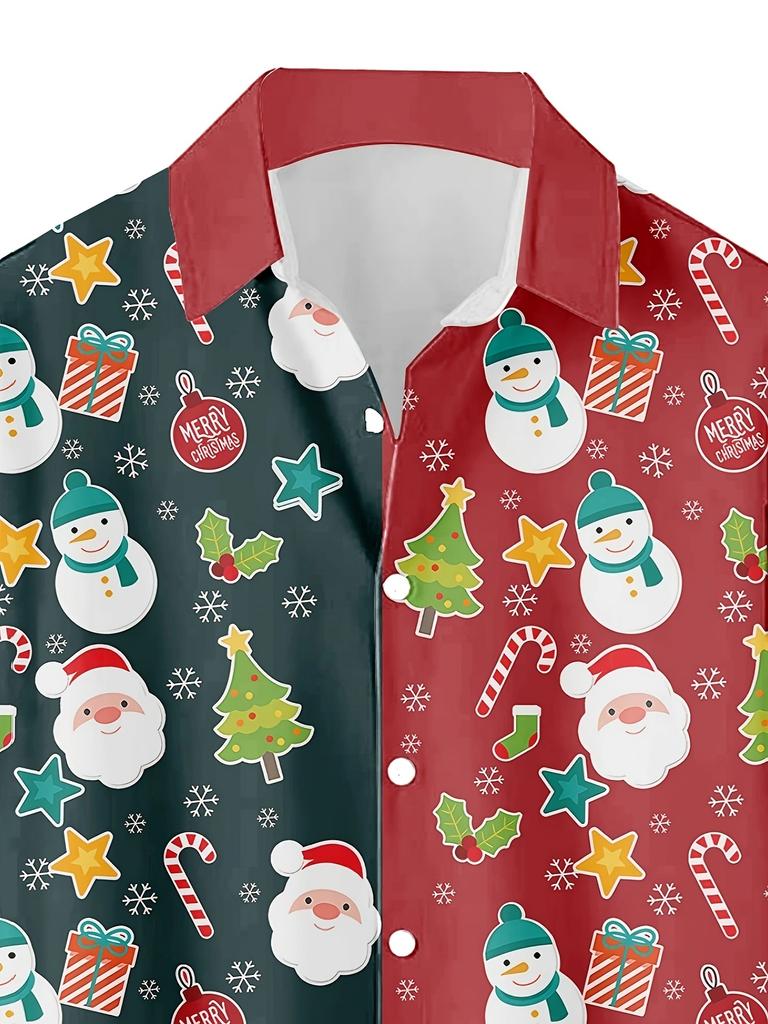 Men's Christmas Santa & Snowman 3D Print Hawaiian Shirt - Short Sleeve Collar Button-Up Holiday Party Outfit with Candy Cane & Holly Patterns - Casual