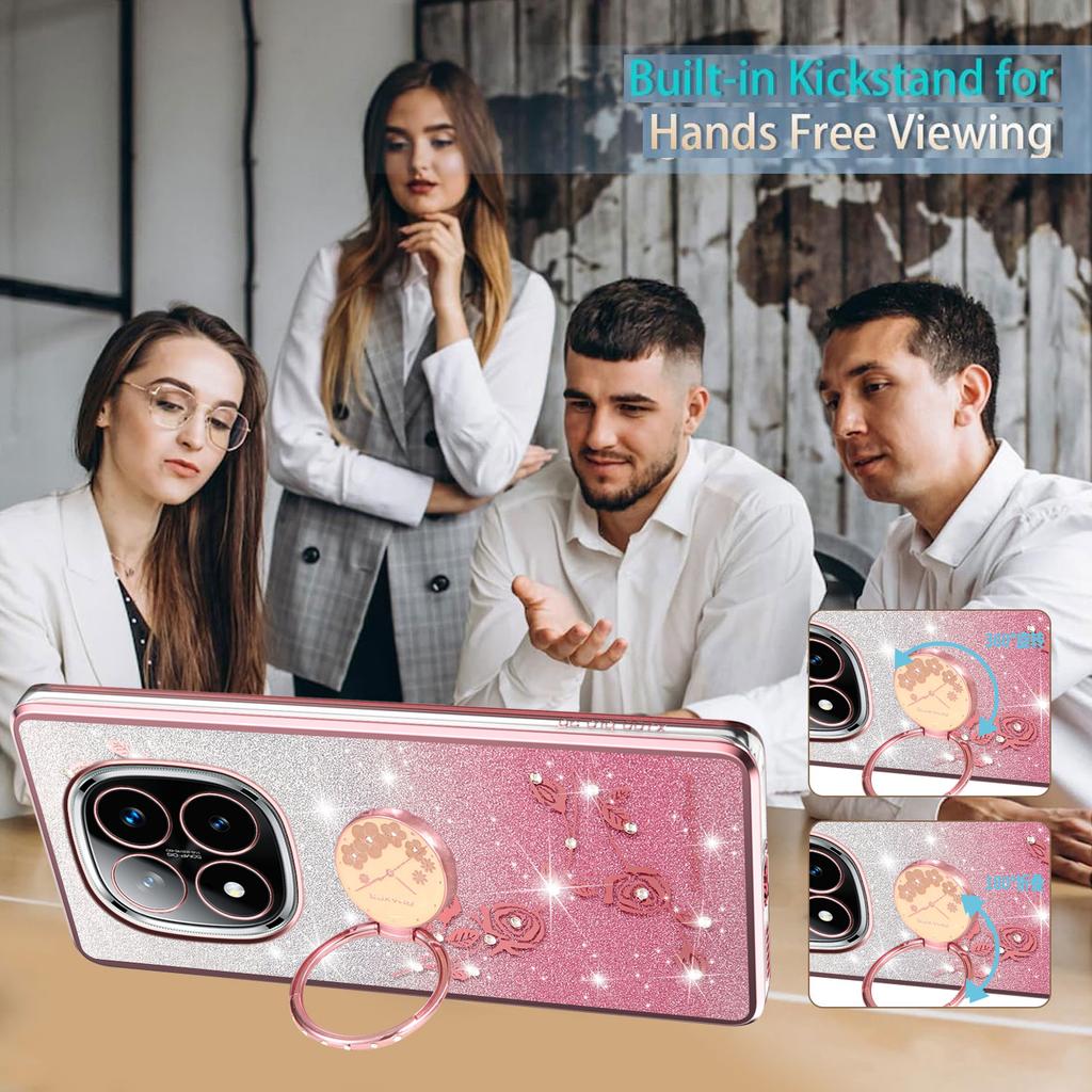 For Xiaomi Redmi Note 14 Pro+ 5G Case Ring Kickstand TPU Flowers Phone Cover Gradient Glitter