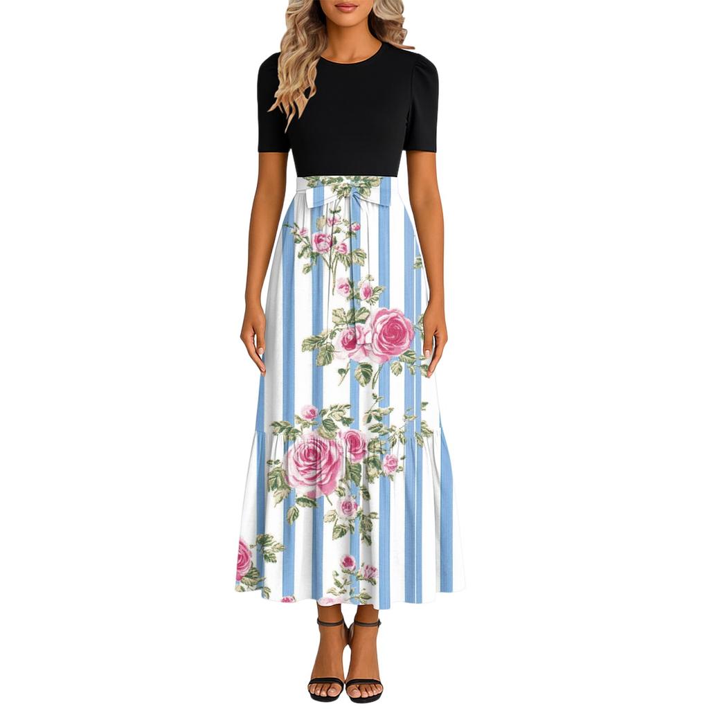 Женское модное повседневное платье с поясом, коротким рукавом, круглым вырезом и принтом, элегантное и темпераментное