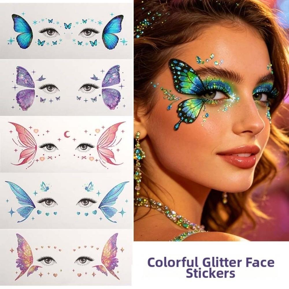 Waterproof Glitter Butterfly Face Tattoo Realistic Face Temporary Tattoo for Parties Concerts