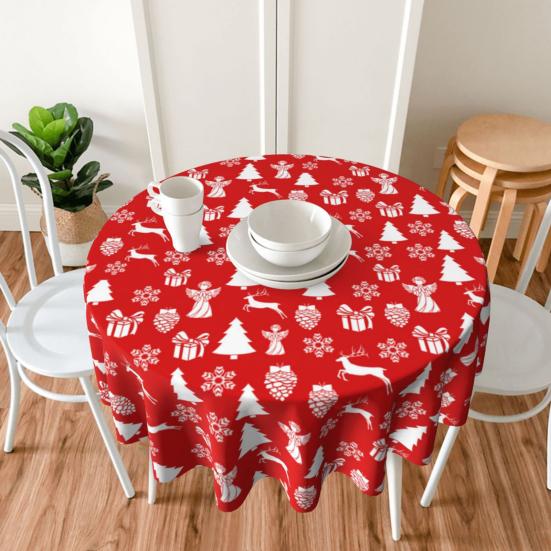 Christmas Red Tablecloth with Holiday Prints 150cm Round Polyester Tablecloth Stain-Resistant & Fade-Proof Dinner Cloth for Indoor Outdoor Use