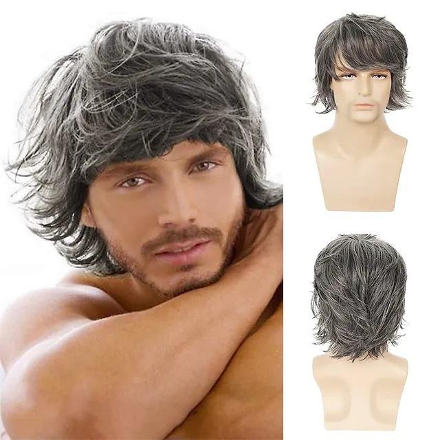 Synthetic Men Curly Wig Short Brown Black Blond Gray Hair With Bangs Natural Fluffy Hairstyle Cosplay Daily Use Heat Resistant Fiber Wigs