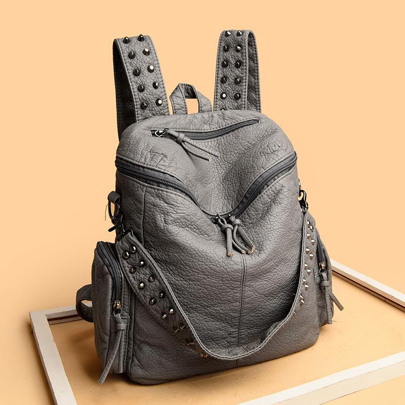 Women'S Bag, Premium Feeling Rivet, Washed Leather Backpack, Solid Color Soft-Faced Backpack, Large-Capacity Schoolbag, And Oversized.