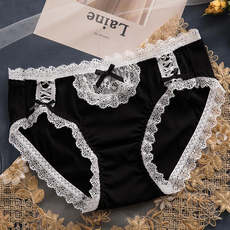 Женские милые хлопковые трусики с бантиком и кружевом средней посадки