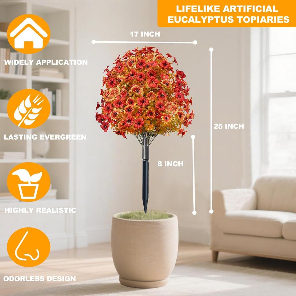 2 Pack Fall Artificial Mums Topiary Ball Tree with Ground Spike Boxwood 25" UV Resistant Fake Greenery Shrub Faux Violet Plant Fall Decorations