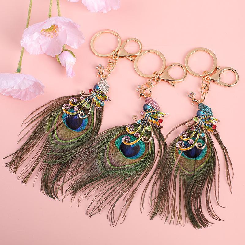 Shiny Rhinestone Peacock Feather Keychain Anti-rust Clasp Fashion Bag Pendant Portable Car Key Decor for Girls