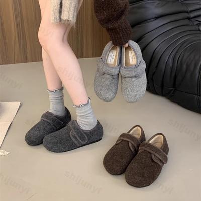 Модные лаконичные ретро низкие повседневные хлопковые одинарные туфли для женщин 2025 осень теплые на мягкой подошве удобные универсальные плюшевые балетки лоферы