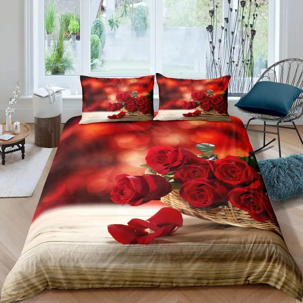 Набор постельного белья с пододеяльником с розой ко Дню святого Валентина Романтический набор с тематикой для пары 3D Роза Теплый набор с пододеяльником Покрывало с изображением розы Размеры: полуторный, king-size